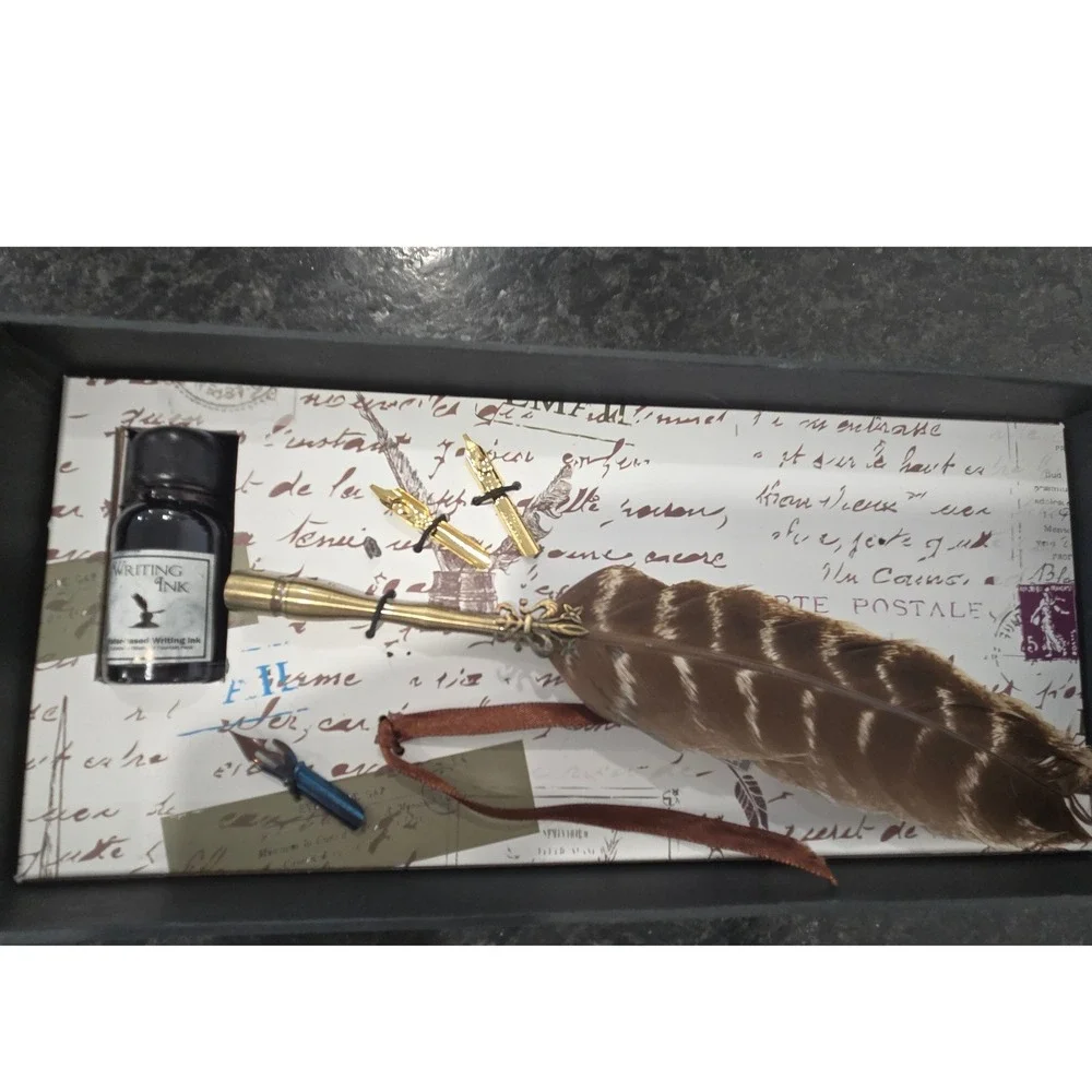 Vintage Feather Quill Pen Ink Set with Brass Accents and Decorative‎ Paper